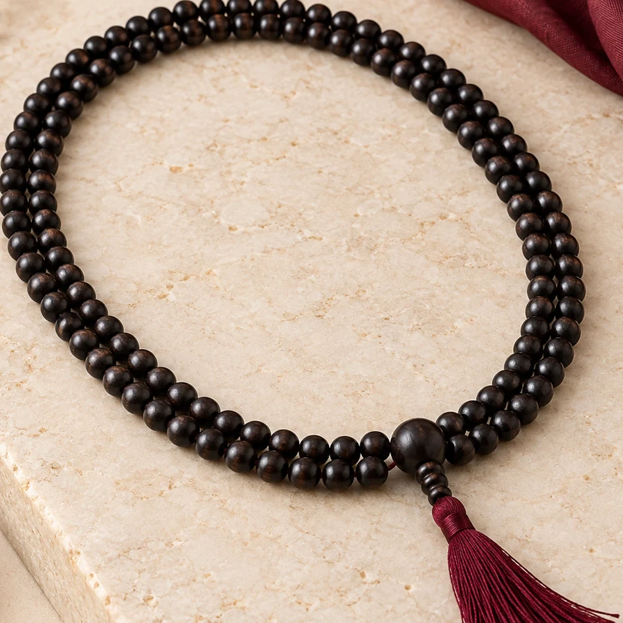Karungali Japa Mala — 108 Ebony Wood Beads — macro material detail; original illustrative product photography