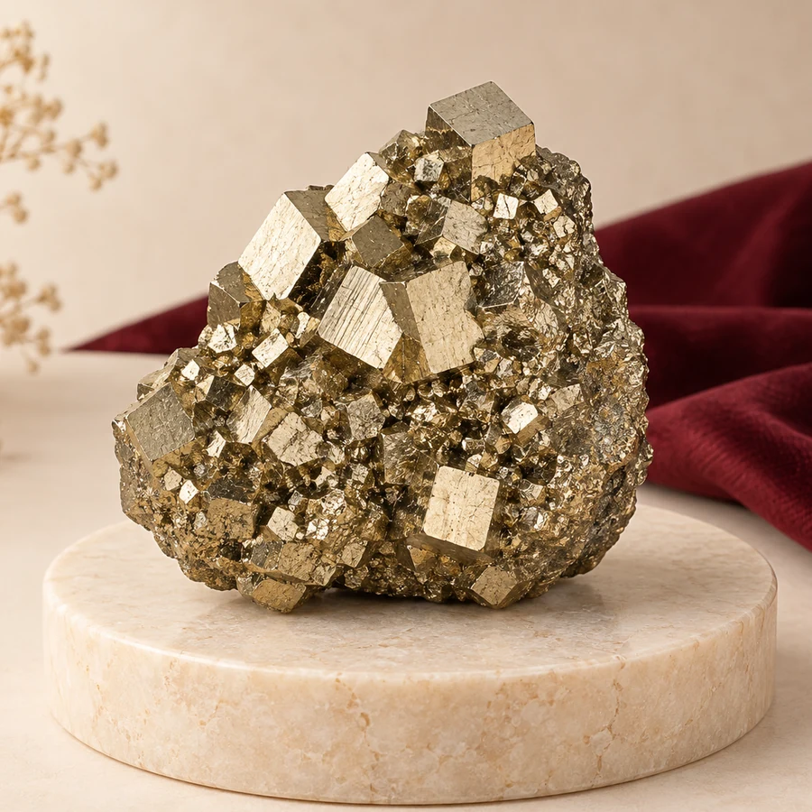 Natural Pyrite Cluster — Metallic Crystal Specimen — closer product detail; original illustrative product photography