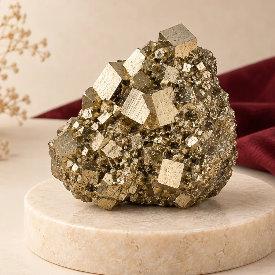 Natural Pyrite Cluster — Metallic Crystal Specimen — left-framed detail; original illustrative product photography