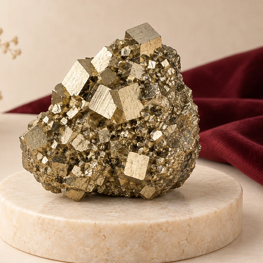 Natural Pyrite Cluster — Metallic Crystal Specimen — right-framed detail; original illustrative product photography