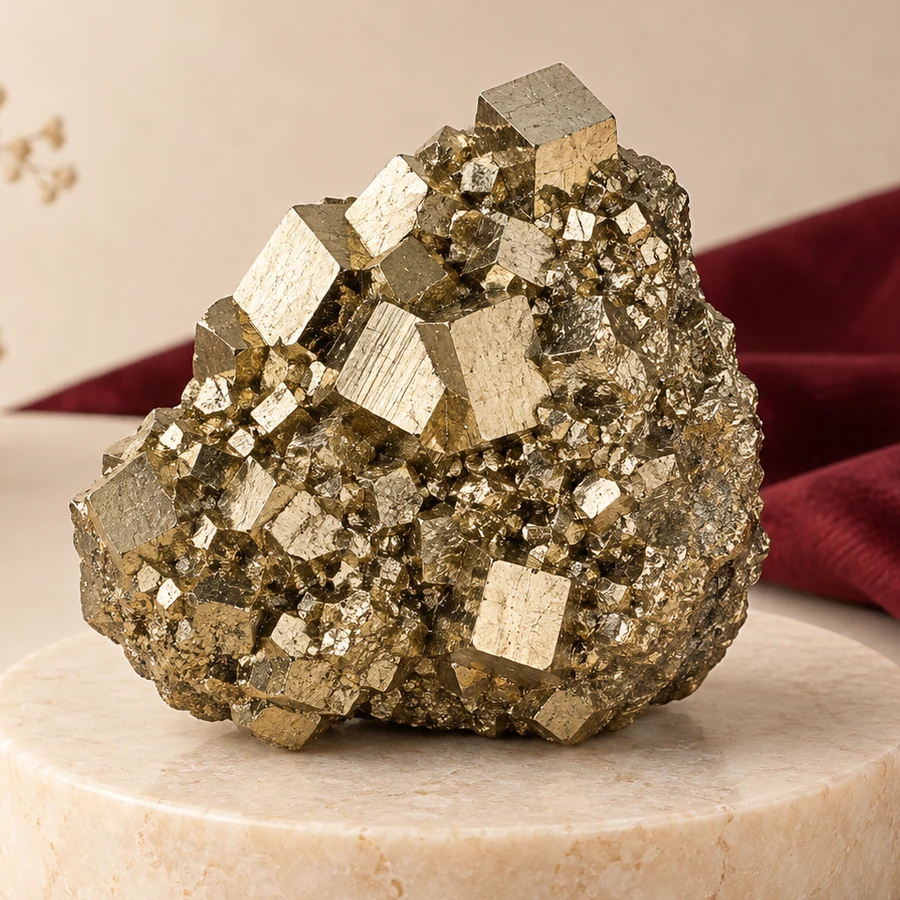 Natural Pyrite Cluster — Metallic Crystal Specimen — macro material detail; original illustrative product photography