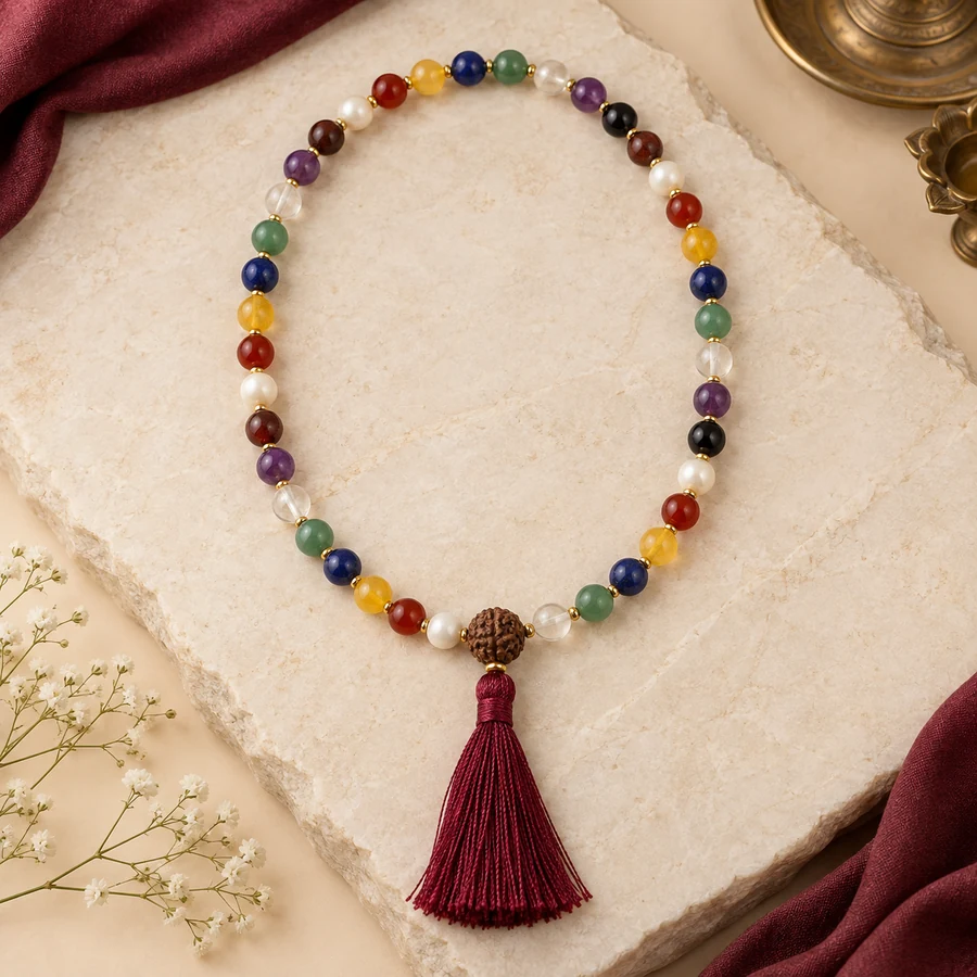 Navgraha Gemstone Mala — Nine-Stone Bead Design — full product view; original illustrative product photography