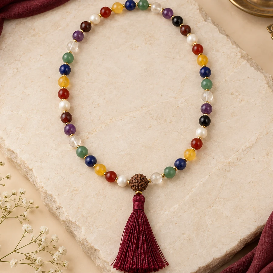 Navgraha Gemstone Mala — Nine-Stone Bead Design — closer product detail; original illustrative product photography