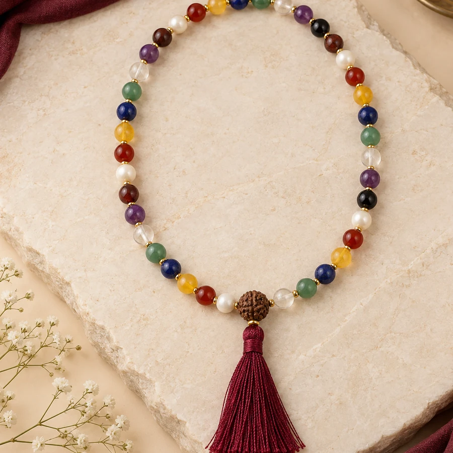 Navgraha Gemstone Mala — Nine-Stone Bead Design — left-framed detail; original illustrative product photography