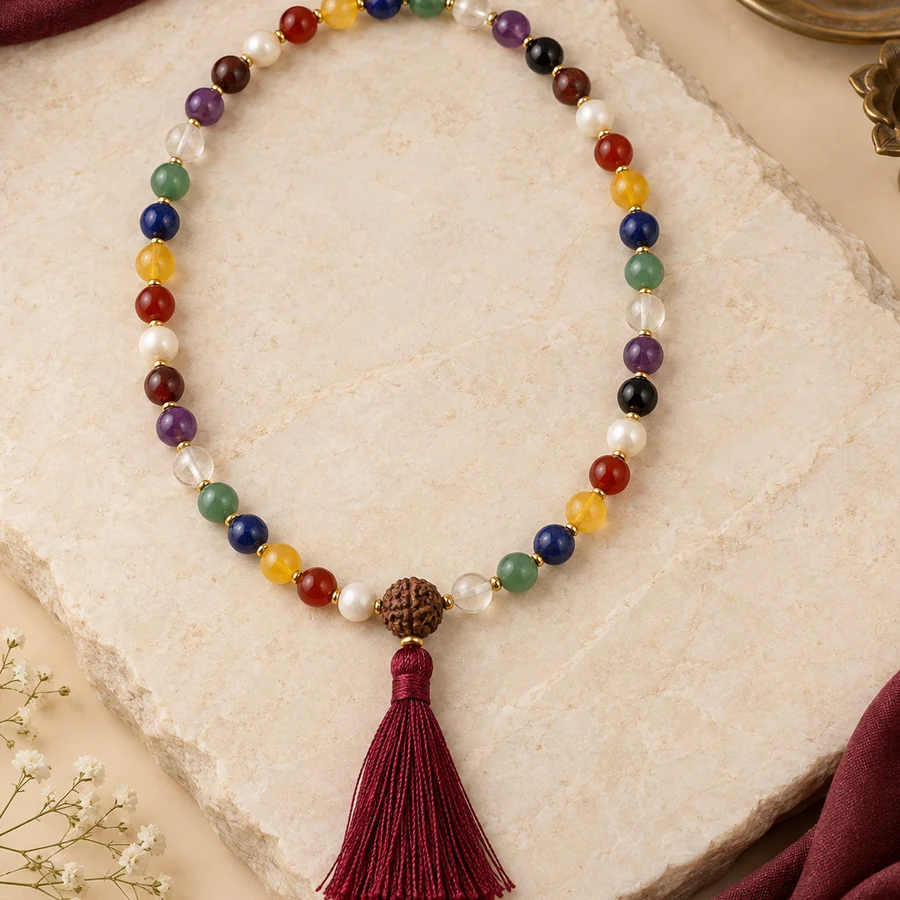 Navgraha Gemstone Mala — Nine-Stone Bead Design — right-framed detail; original illustrative product photography