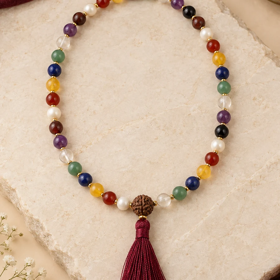 Navgraha Gemstone Mala — Nine-Stone Bead Design — macro material detail; original illustrative product photography
