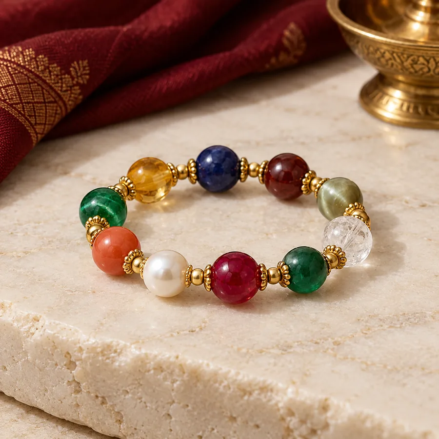 Navratna Gemstone Bracelet — Nine-Stone Design — full product view; original illustrative product photography