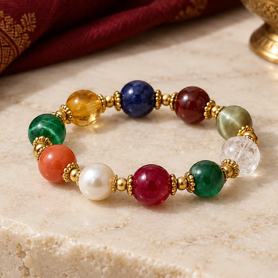 Navratna Gemstone Bracelet — Nine-Stone Design — closer product detail; original illustrative product photography