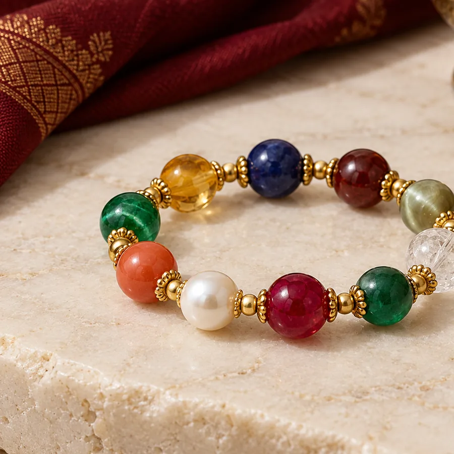 Navratna Gemstone Bracelet — Nine-Stone Design — left-framed detail; original illustrative product photography