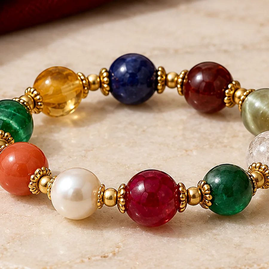 Navratna Gemstone Bracelet — Nine-Stone Design — macro material detail; original illustrative product photography