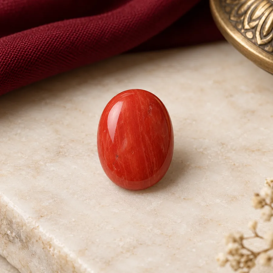 Red Coral (Moonga) — Polished Cabochon — full product view; original illustrative product photography