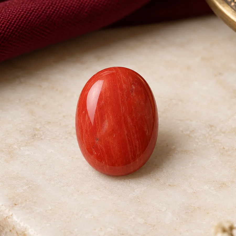 Red Coral (Moonga) — Polished Cabochon — closer product detail; original illustrative product photography