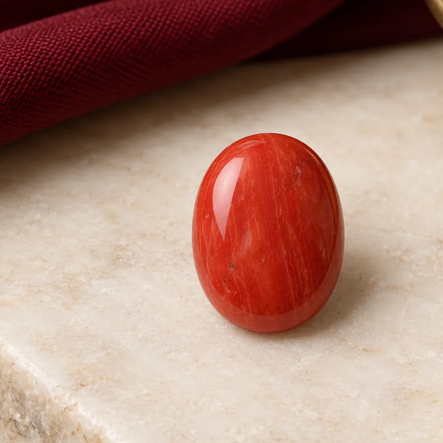 Red Coral (Moonga) — Polished Cabochon — left-framed detail; original illustrative product photography