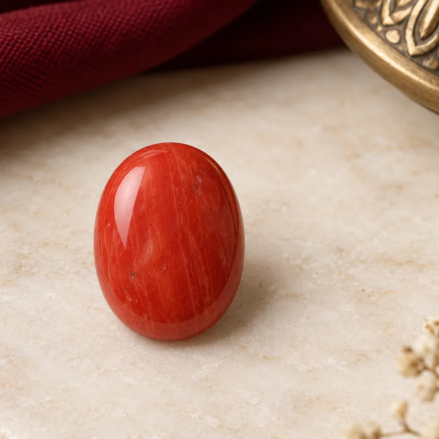 Red Coral (Moonga) — Polished Cabochon — right-framed detail; original illustrative product photography