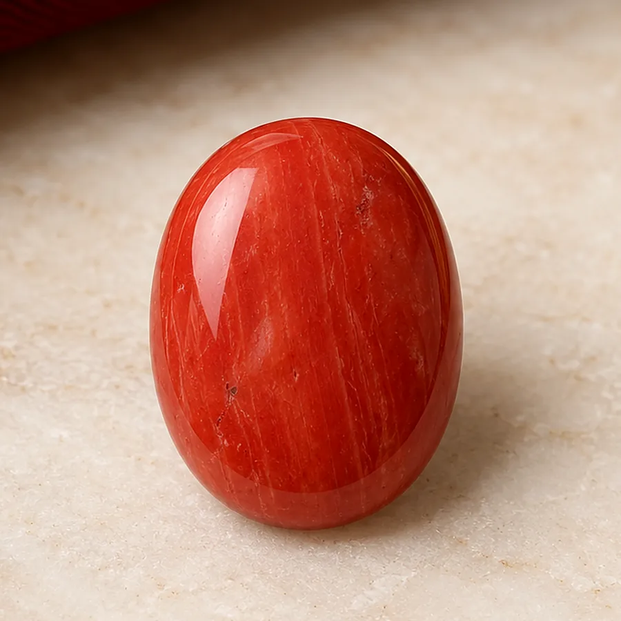 Red Coral (Moonga) — Polished Cabochon — macro material detail; original illustrative product photography