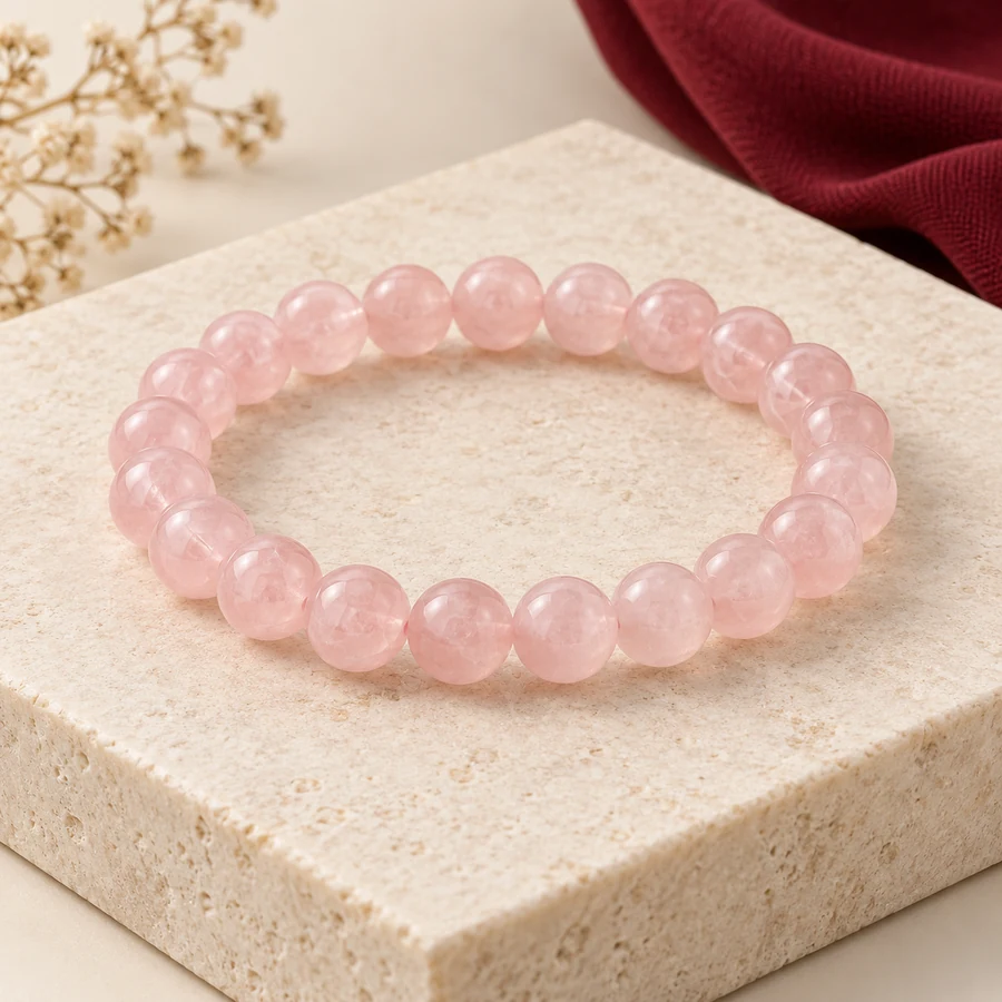 Rose Quartz Bracelet — Polished Pink Beads — full product view; original illustrative product photography