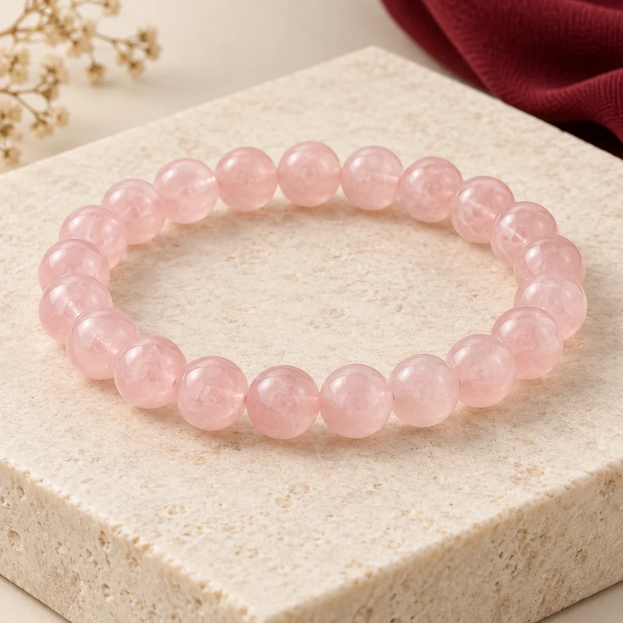 Rose Quartz Bracelet — Polished Pink Beads — closer product detail; original illustrative product photography