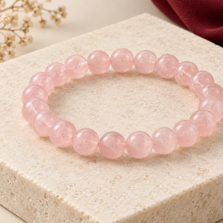 Rose Quartz Bracelet — Polished Pink Beads — left-framed detail; original illustrative product photography