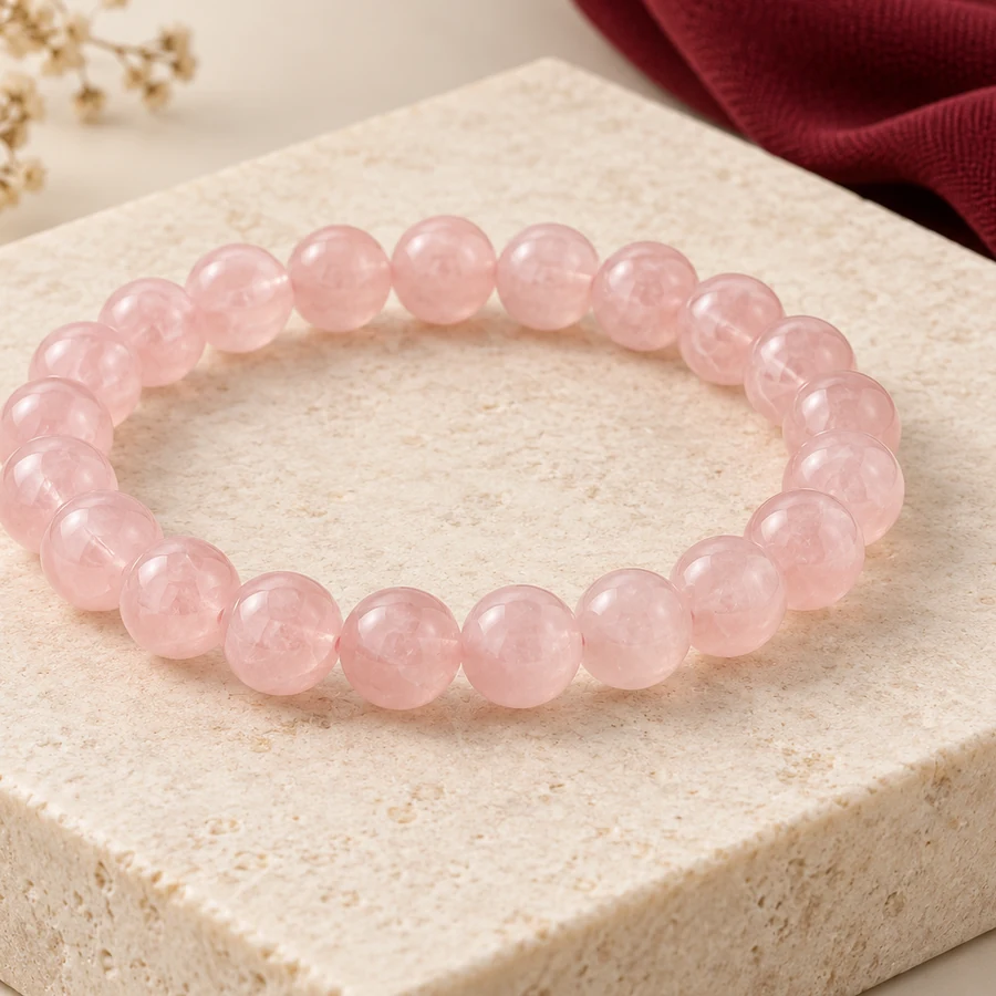 Rose Quartz Bracelet — Polished Pink Beads — right-framed detail; original illustrative product photography