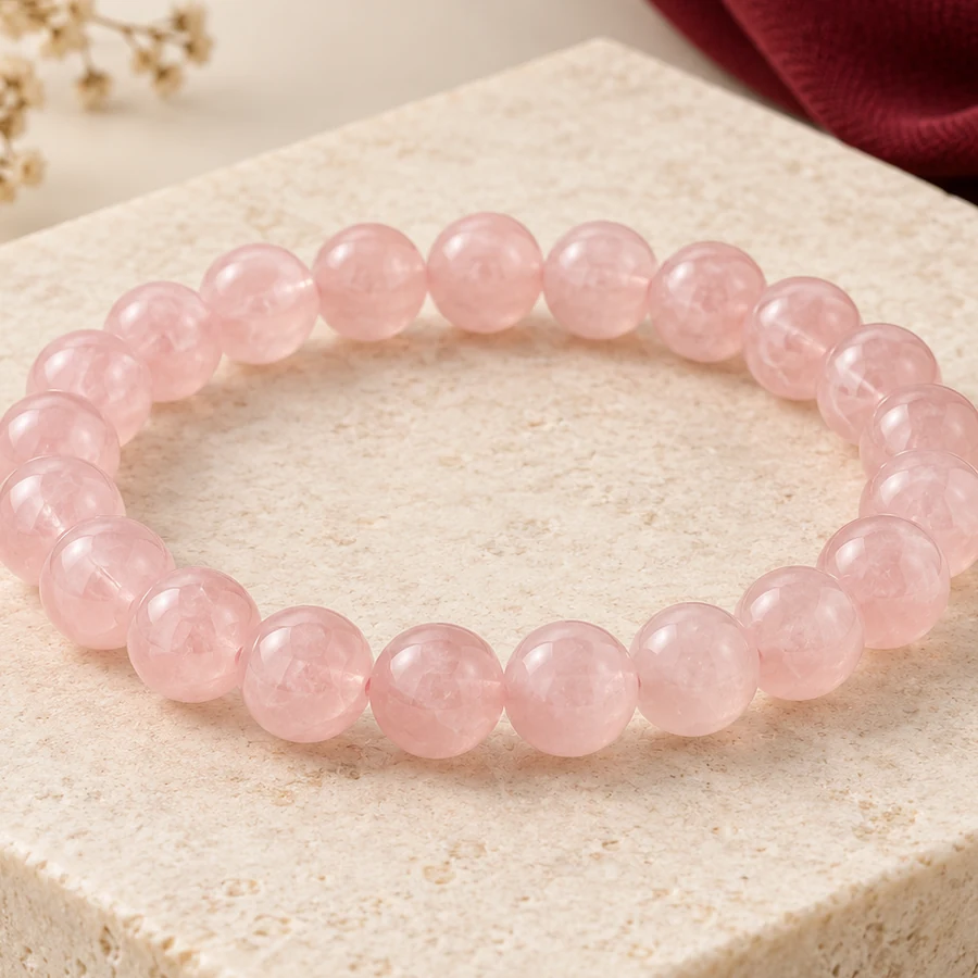 Rose Quartz Bracelet — Polished Pink Beads — macro material detail; original illustrative product photography