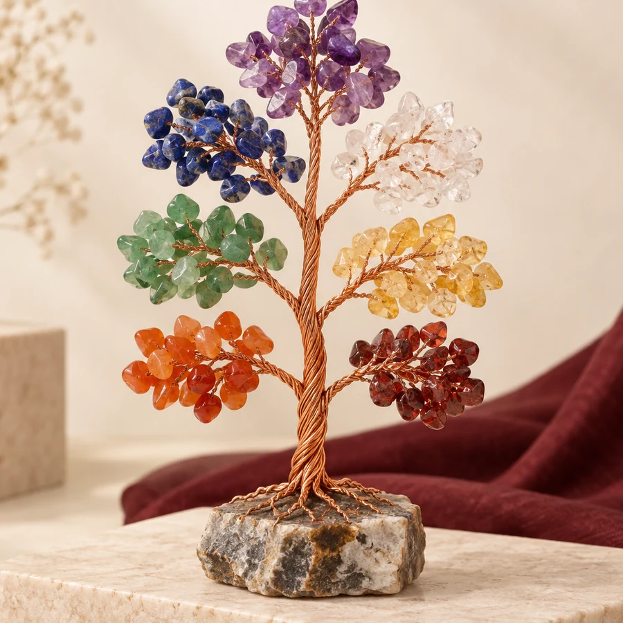Seven Chakra Crystal Tree — Gemstone Chip Décor — closer product detail; original illustrative product photography