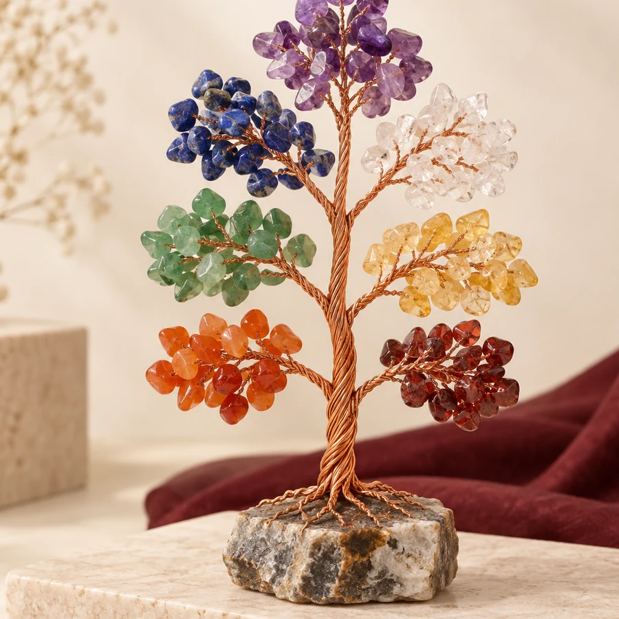 Seven Chakra Crystal Tree — Gemstone Chip Décor — left-framed detail; original illustrative product photography