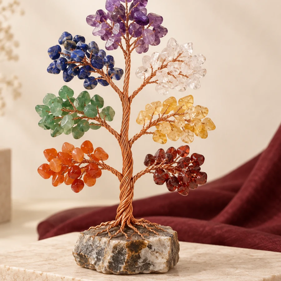 Seven Chakra Crystal Tree — Gemstone Chip Décor — right-framed detail; original illustrative product photography
