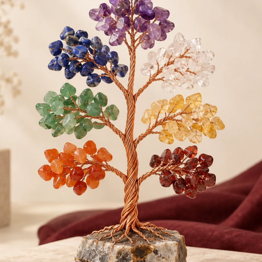 Seven Chakra Crystal Tree — Gemstone Chip Décor — macro material detail; original illustrative product photography
