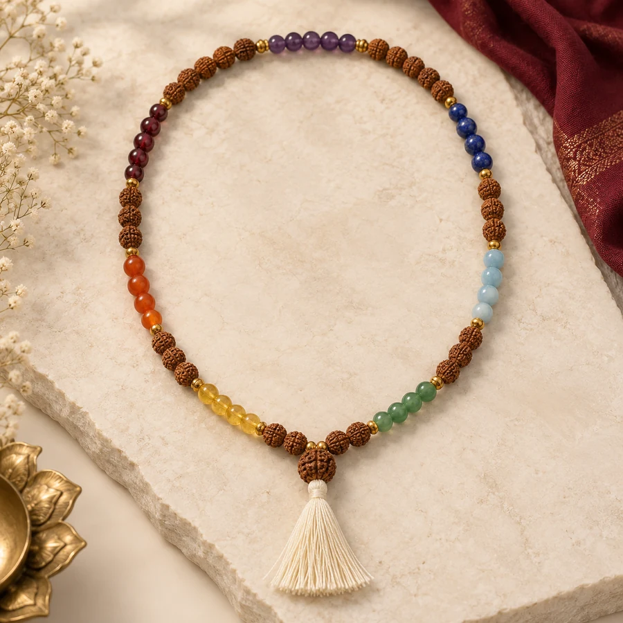 Seven Chakra Rudraksha Mala — Mixed Bead Design — view 1 Seven Chakra Rudraksha Mala — Mixed Bead Design — full product view; original illustrative product photography