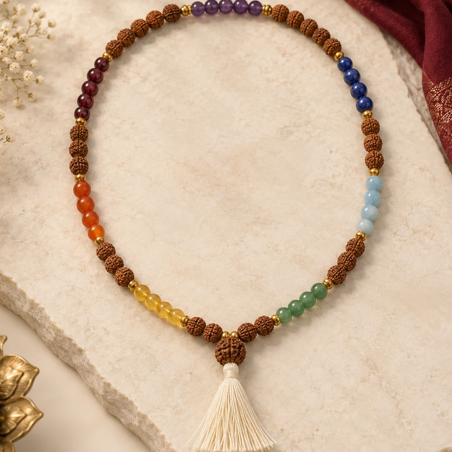 Seven Chakra Rudraksha Mala — Mixed Bead Design — closer product detail; original illustrative product photography