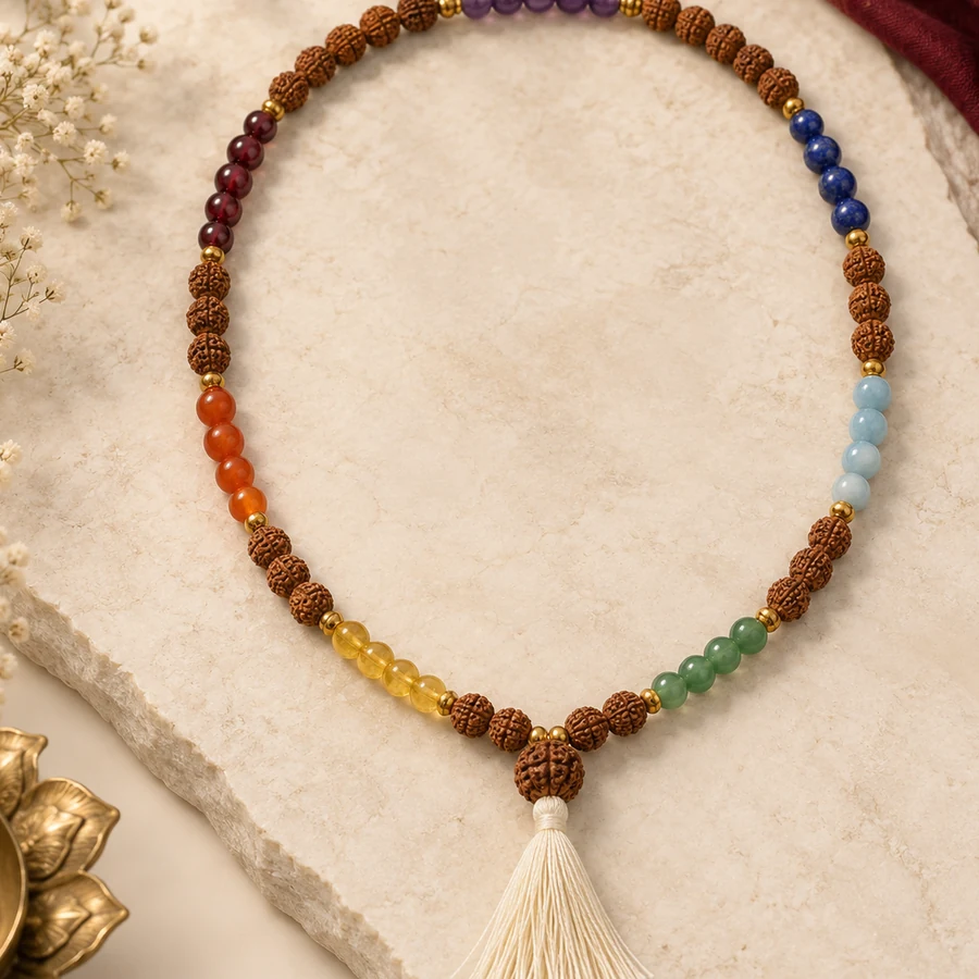 Seven Chakra Rudraksha Mala — Mixed Bead Design — left-framed detail; original illustrative product photography