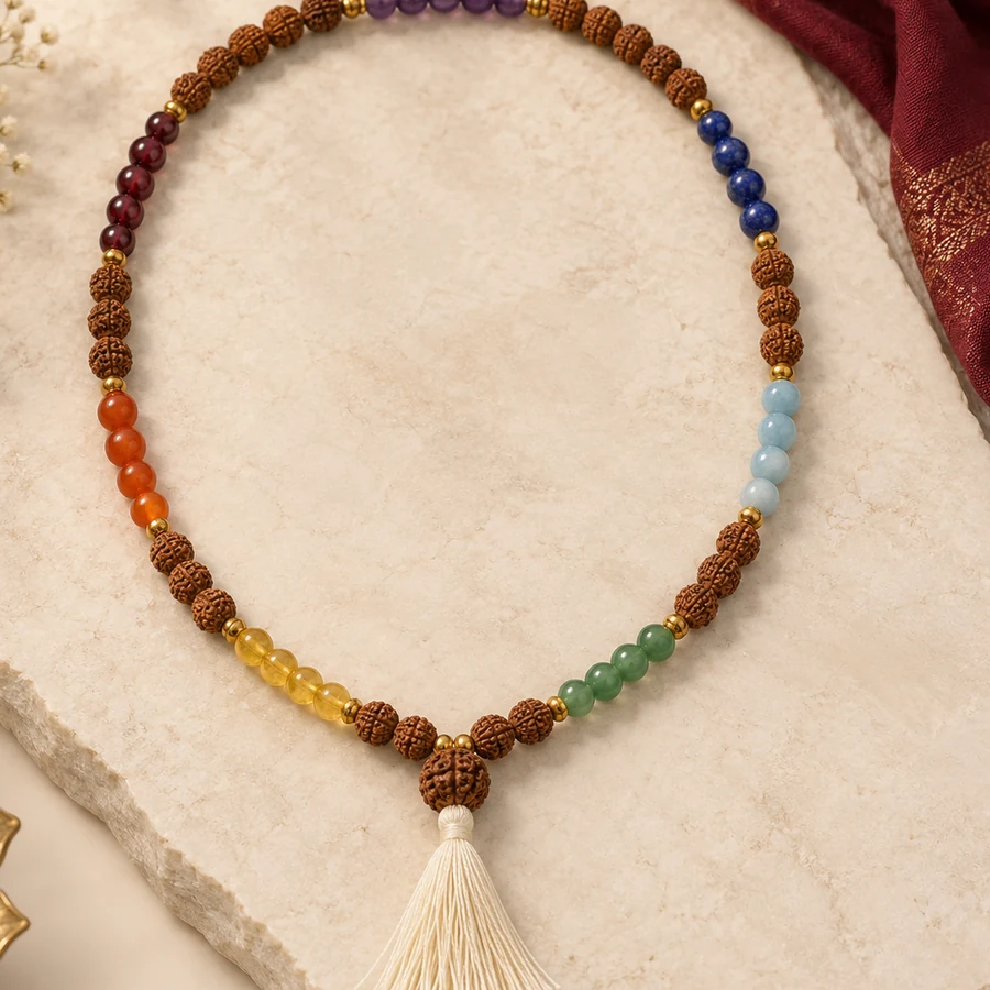 Seven Chakra Rudraksha Mala — Mixed Bead Design — right-framed detail; original illustrative product photography