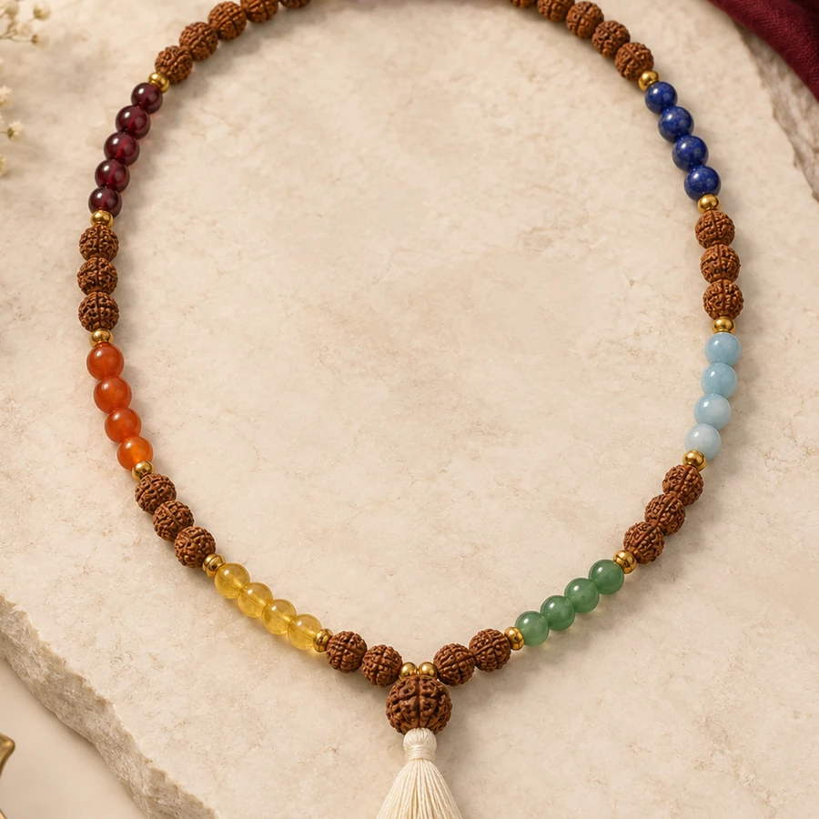Seven Chakra Rudraksha Mala — Mixed Bead Design — macro material detail; original illustrative product photography
