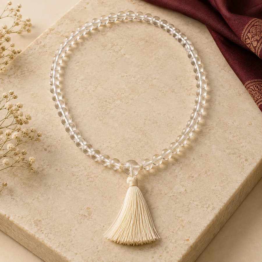 Sphatik Japa Mala — 108 Clear Quartz Beads — full product view; original illustrative product photography