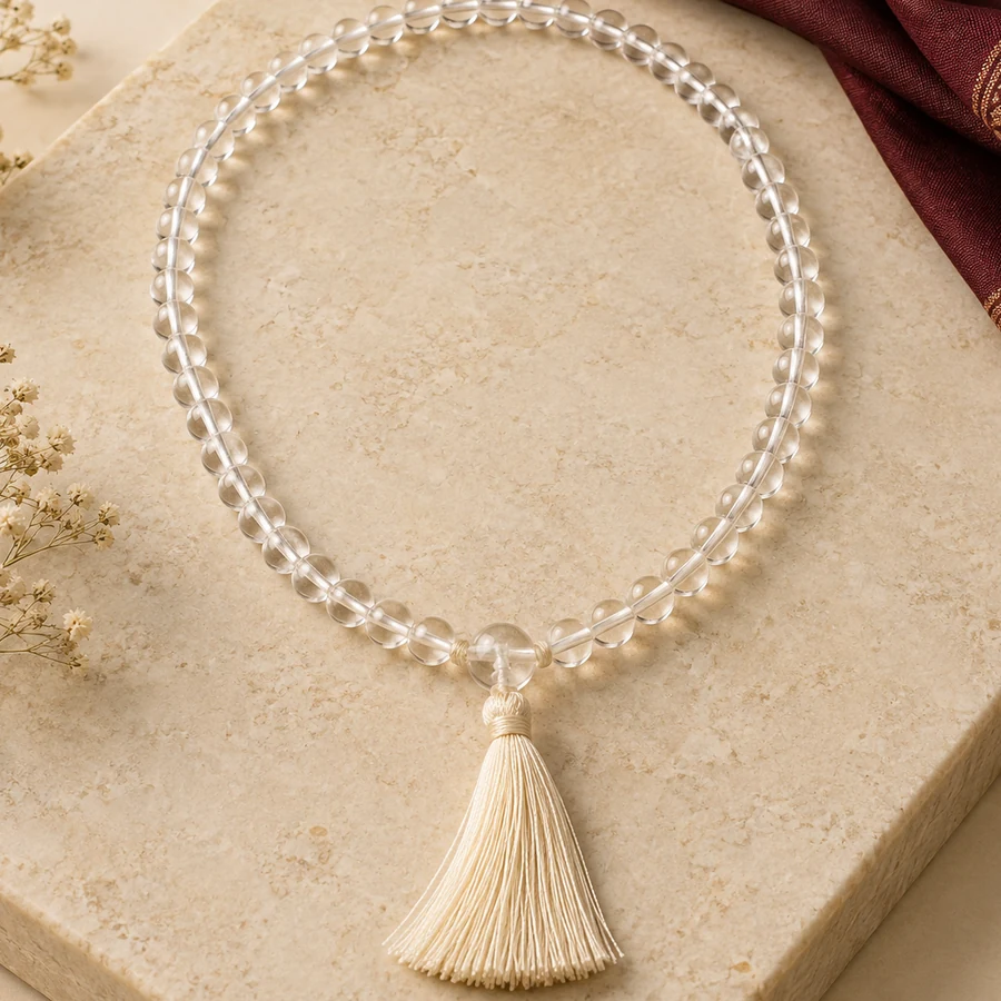 Sphatik Japa Mala — 108 Clear Quartz Beads — closer product detail; original illustrative product photography