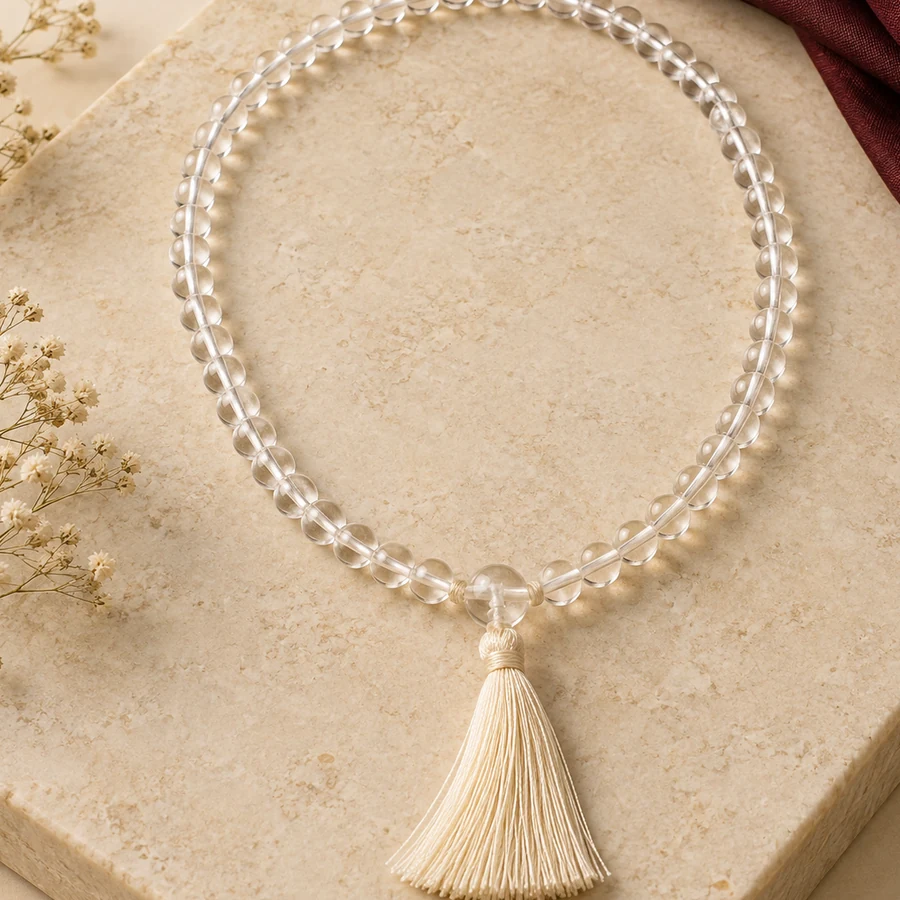 Sphatik Japa Mala — 108 Clear Quartz Beads — left-framed detail; original illustrative product photography