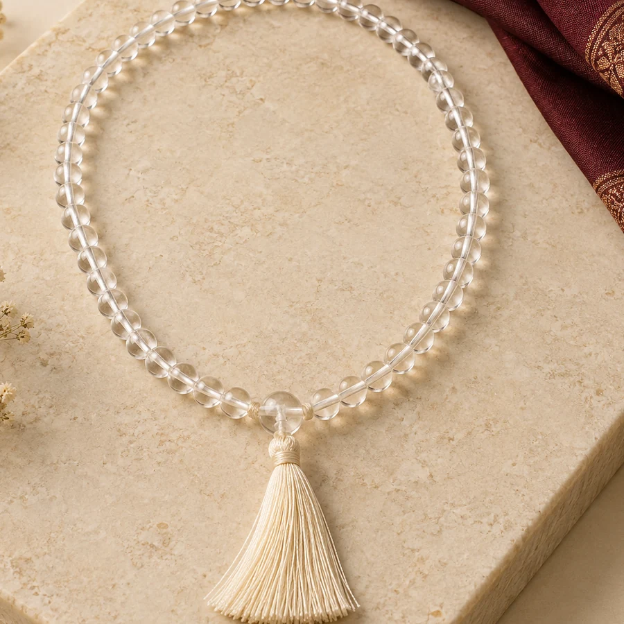 Sphatik Japa Mala — 108 Clear Quartz Beads — right-framed detail; original illustrative product photography