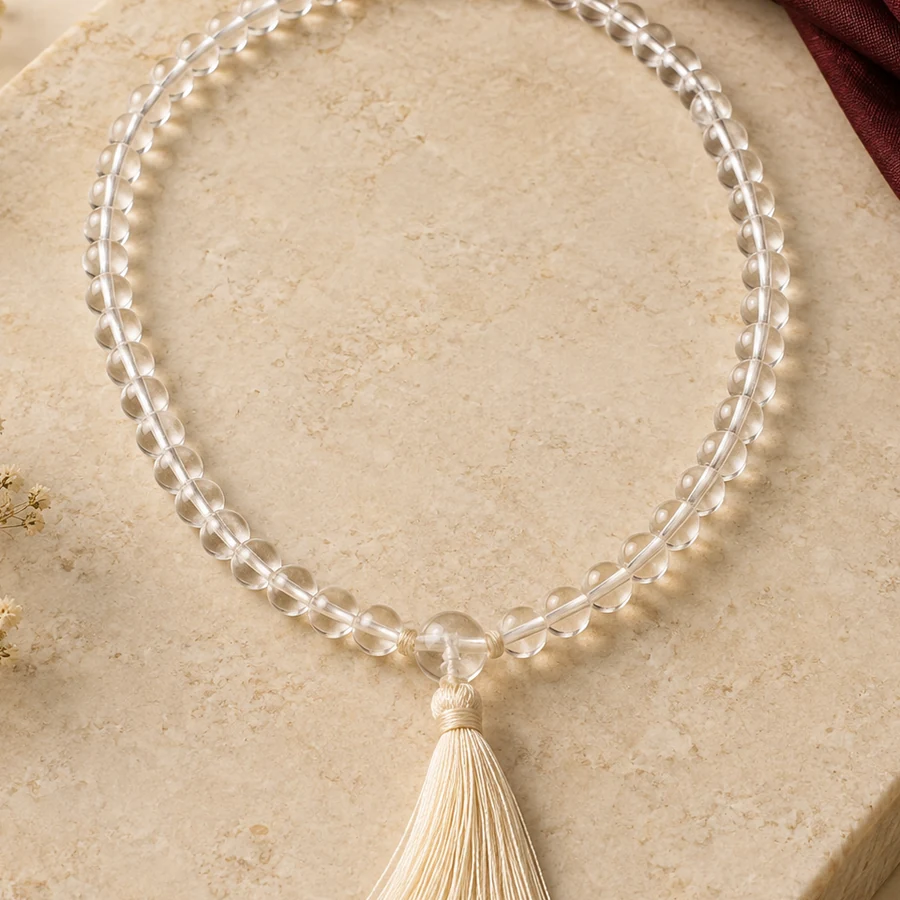 Sphatik Japa Mala — 108 Clear Quartz Beads — macro material detail; original illustrative product photography