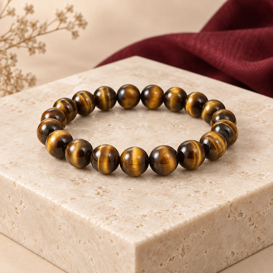 Tiger Eye Bracelet — Golden Brown Stone Beads — full product view; original illustrative product photography