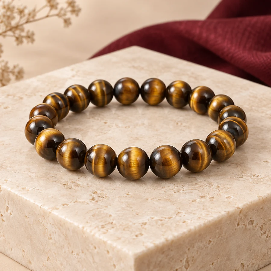 Tiger Eye Bracelet — Golden Brown Stone Beads — closer product detail; original illustrative product photography