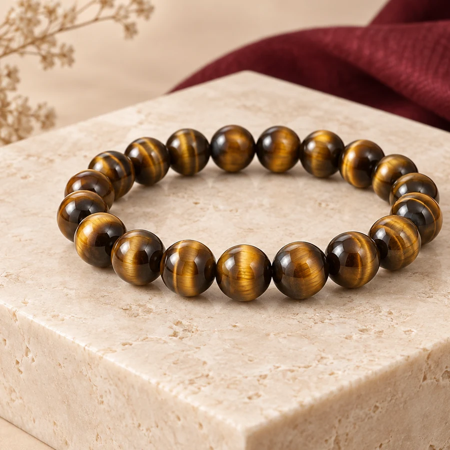 Tiger Eye Bracelet — Golden Brown Stone Beads — left-framed detail; original illustrative product photography