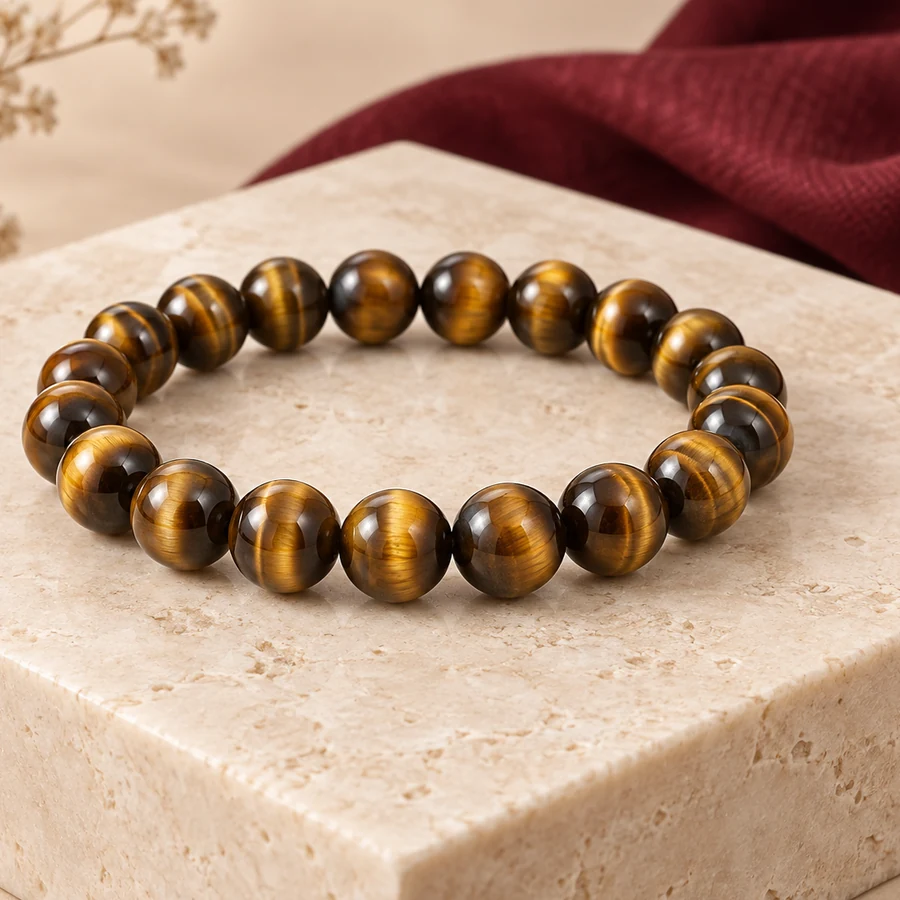 Tiger Eye Bracelet — Golden Brown Stone Beads — right-framed detail; original illustrative product photography