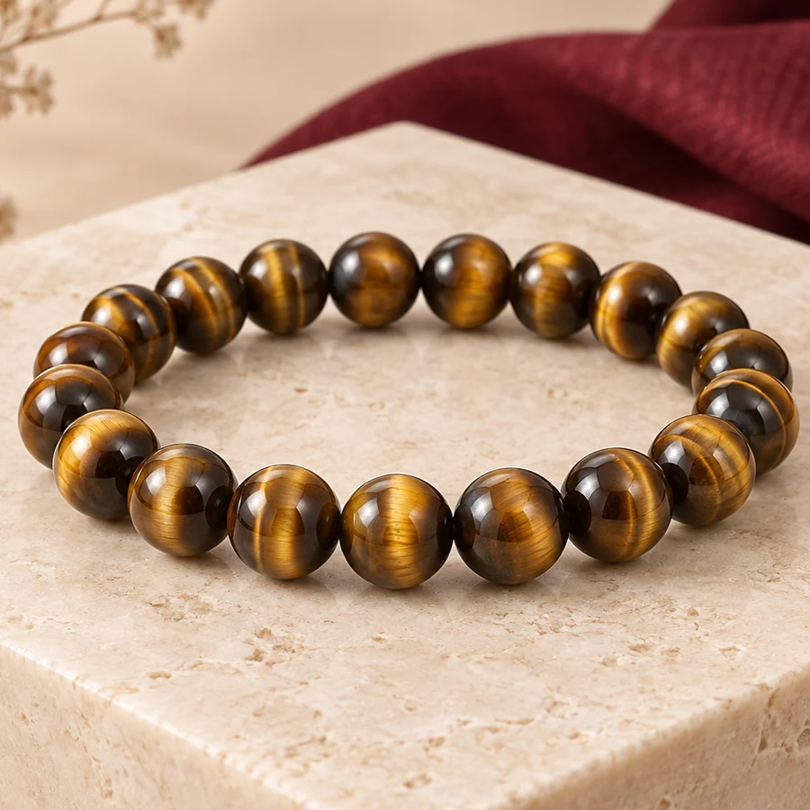 Tiger Eye Bracelet — Golden Brown Stone Beads — macro material detail; original illustrative product photography