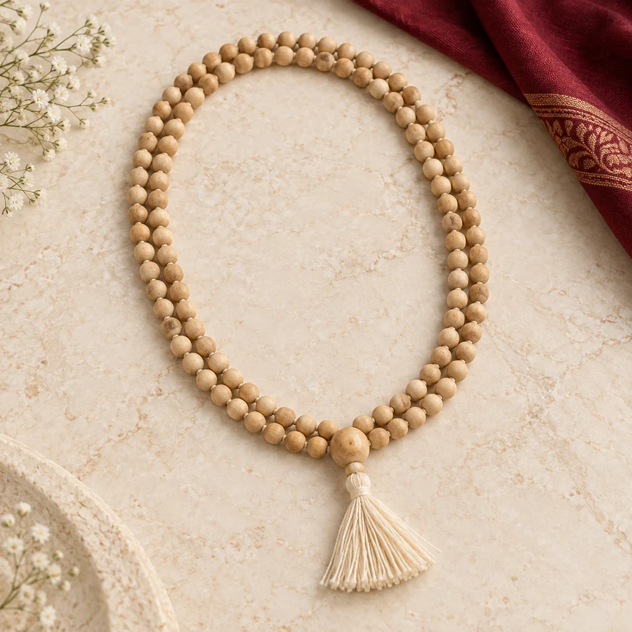 Tulsi Japa Mala — 108 Wooden Beads — full product view; original illustrative product photography