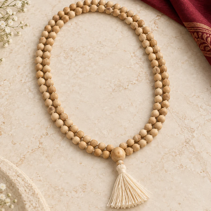 Tulsi Japa Mala — 108 Wooden Beads — closer product detail; original illustrative product photography