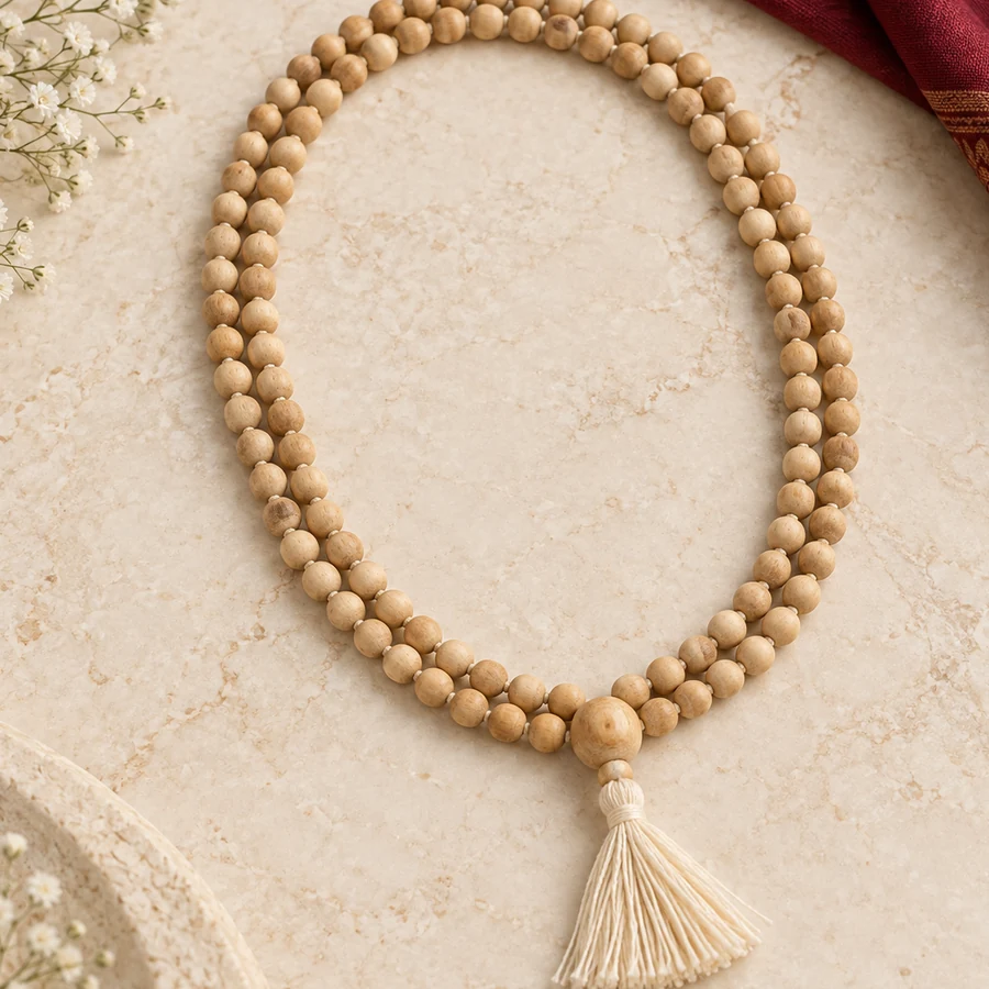 Tulsi Japa Mala — 108 Wooden Beads — left-framed detail; original illustrative product photography