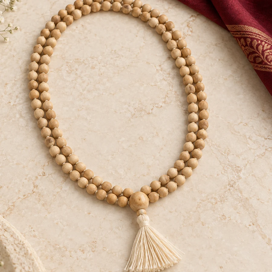 Tulsi Japa Mala — 108 Wooden Beads — right-framed detail; original illustrative product photography