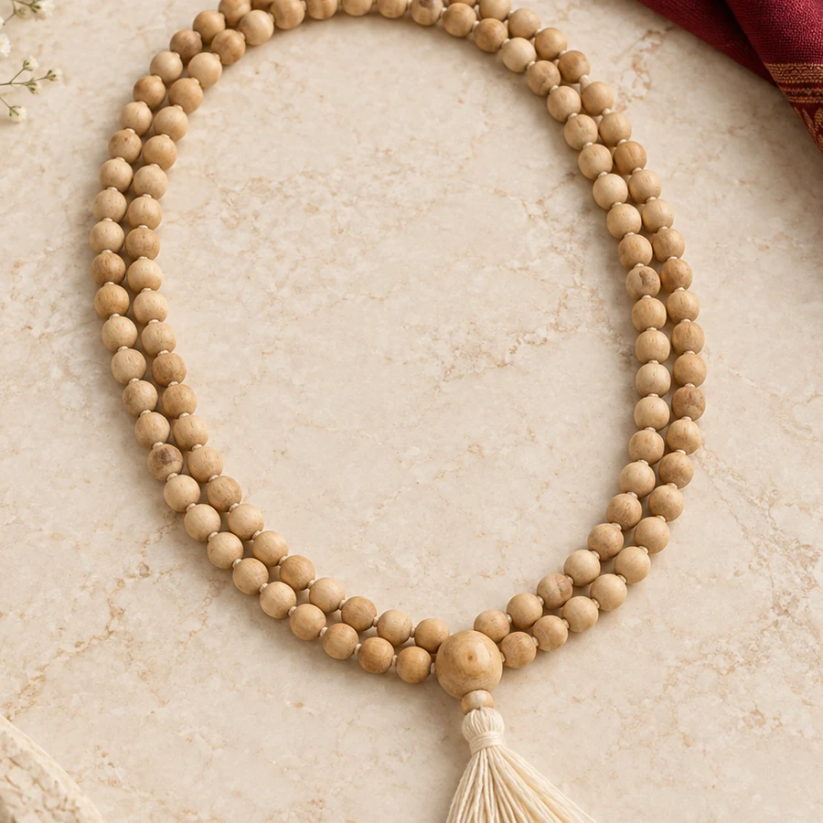 Tulsi Japa Mala — 108 Wooden Beads — macro material detail; original illustrative product photography
