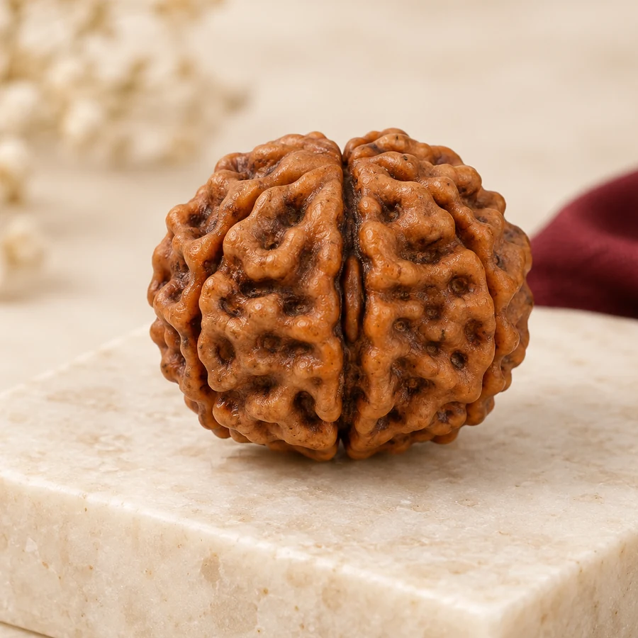 2 Mukhi Rudraksha — Natural Loose Bead — left-framed detail; original illustrative product photography