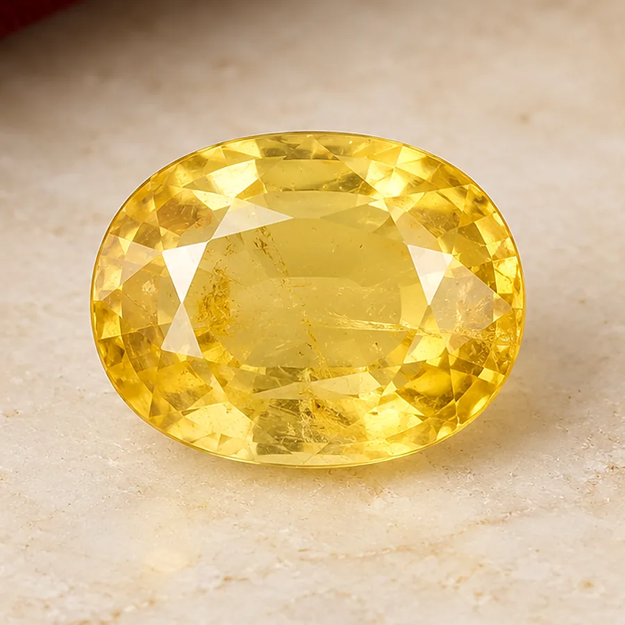 Yellow Sapphire (Pukhraj) — Loose Gemstone — macro material detail; original illustrative product photography